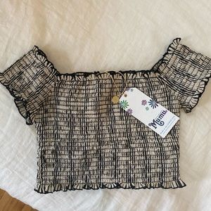 mumu smocked crop short-sleeve wide neck linen